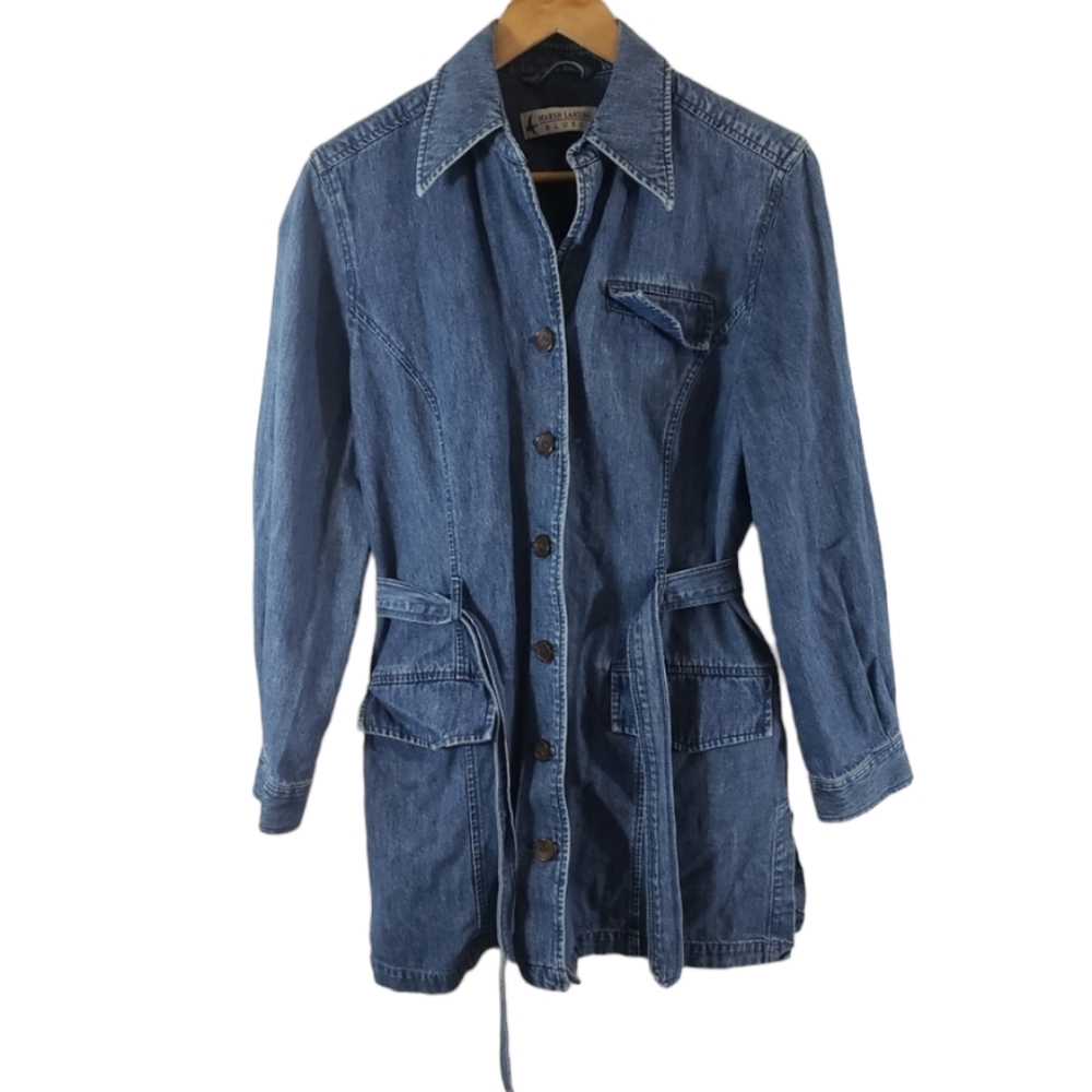 Vintage Marsh Landing Blues Denim Jean Belted Jacket with Buttons